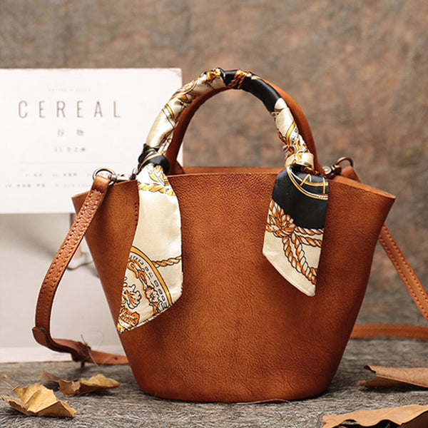 Handmade Womens Brown Leather Crossbody Bucket Bag Purse Handbags for Women