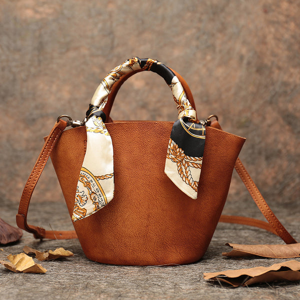 Vintage Brown Leather Crossbody Bucket Bag Purse Handbags for Women