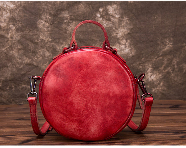Vintage Leather Women Circle Bag Crossbody Bags Leather Handbags Handmade