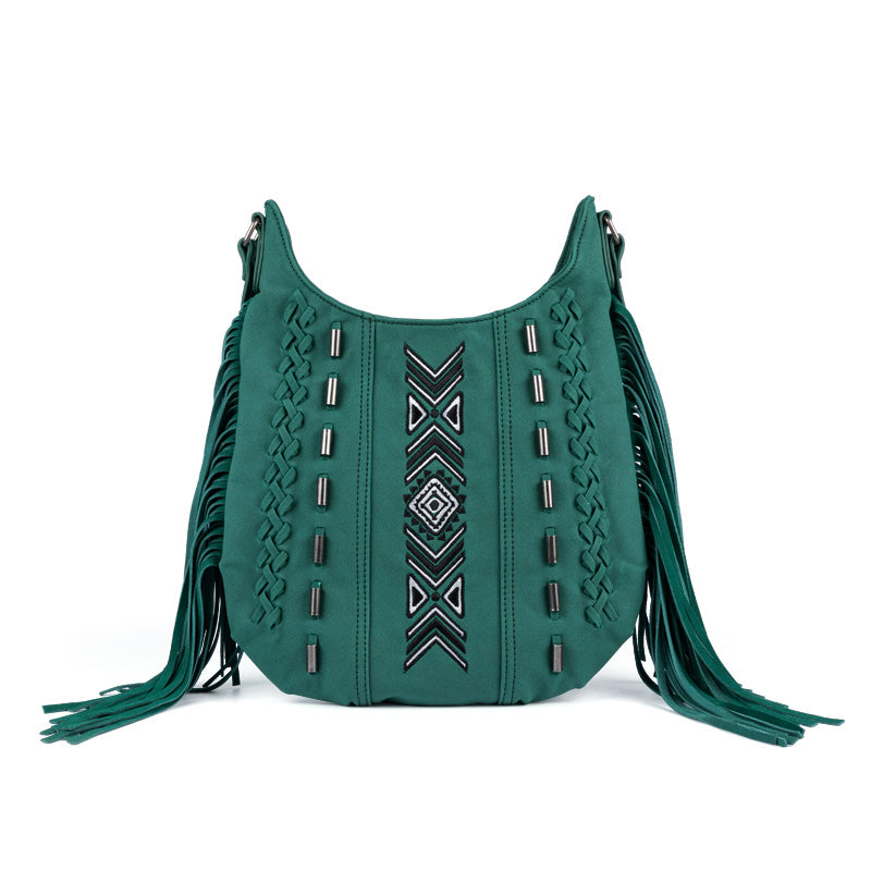 Vintage Green PU Leather Boho Fringe Crossbody Bag Purse for Women