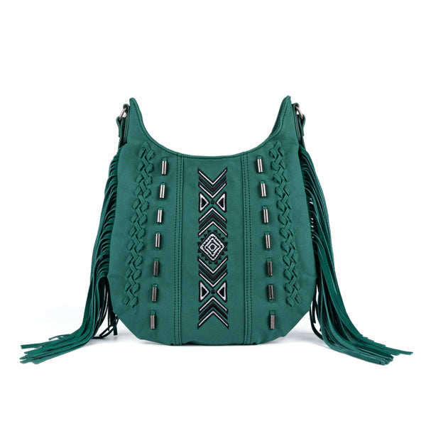 Vintage Green PU leather boho fringe crossbody bag purse for Women Accessories