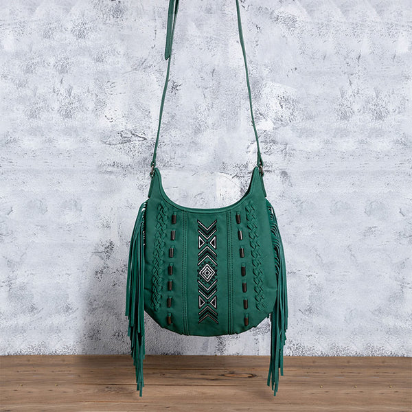 Vintage Green PU leather boho fringe crossbody bag purse for Women Beautiful