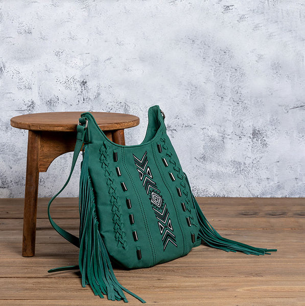Vintage Green PU leather boho fringe crossbody bag purse for Women Chic