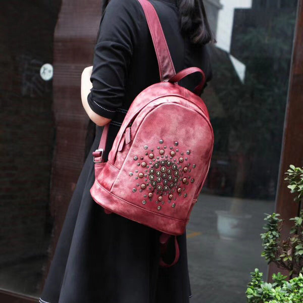 Vintage Rivets Leather Backpack Bag Purse Cool Backpacks for Women Beautiful