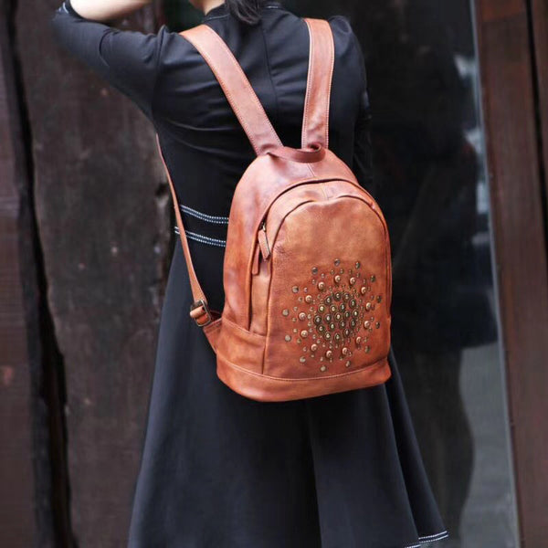 Vintage Rivets Leather Backpack Bag Purse Cool Backpacks for Women