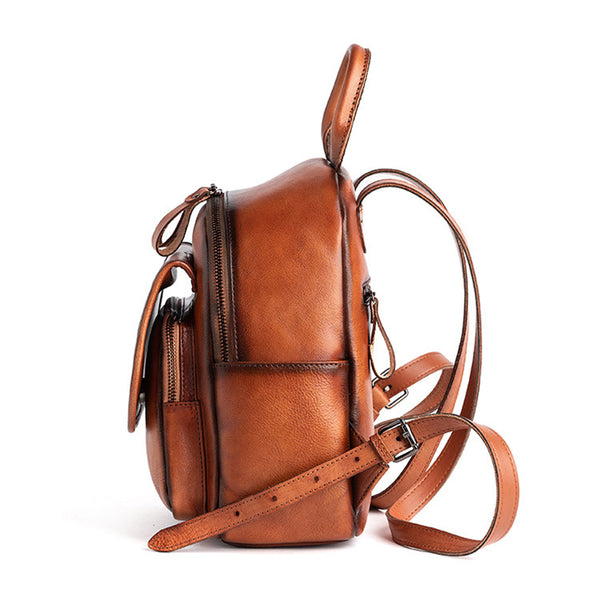 Vintage Small Ladies Brush Off Leather Rucksack Backpack Purse For Women Genuine Leather