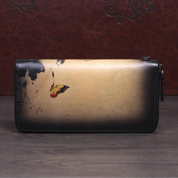 Vintage Women's Bifold Leather Long Wallet Purse Zip Around Wallet With Plum Blossom Pattern For Women Black