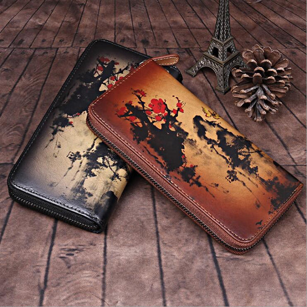Vintage Women's Bifold Leather Long Wallet Purse Zip Around Wallet With Plum Blossom Pattern For Women Brown