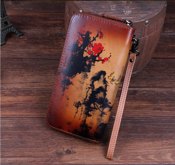 Vintage Women's Bifold Leather Long Wallet Purse Zip Around Wallet With Plum Blossom Pattern For Women Cool