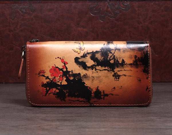 Vintage Women's Bifold Leather Long Wallet Purse Zip Around Wallet With Plum Blossom Pattern For Women Cowhide
