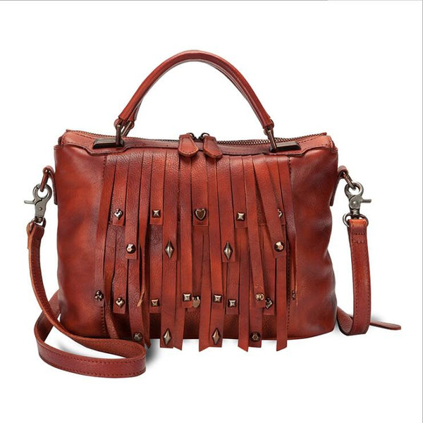 Vintage Women's Boho Genuine Leather Fringe Handbags Cross Shoulder Bag For Women Cool