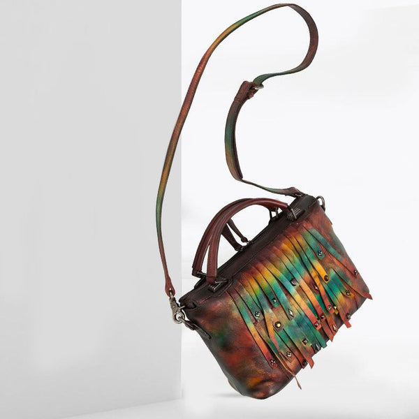 Vintage Women's Leather Handbags Purse With Fringe Boho Shoulder Purses For Women