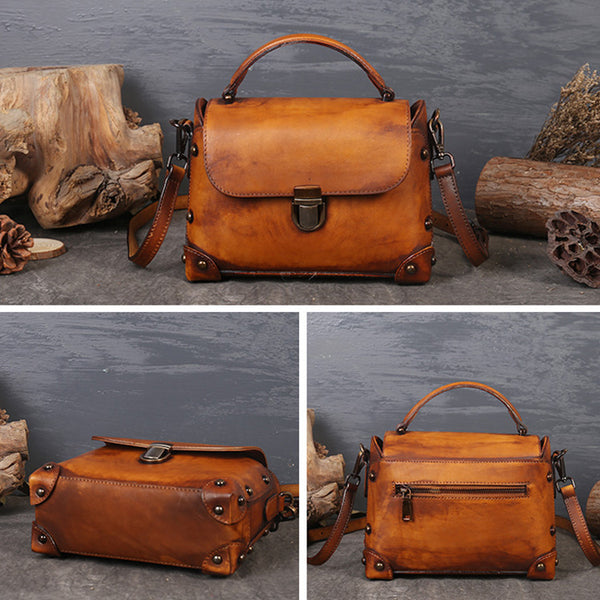 Vintage Women's Brown Leather Crossbody Satchel Purse Handbags for Women Designer