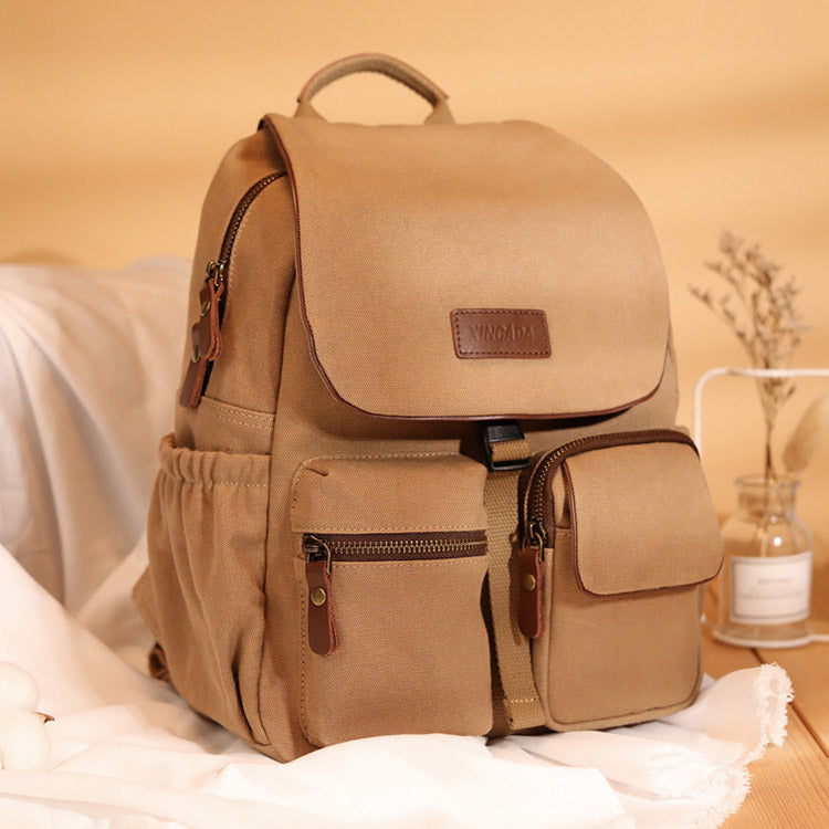 Vintage Women's Canvas And Leather Backpack Purse Rucksack With Pockets For Women Accessories