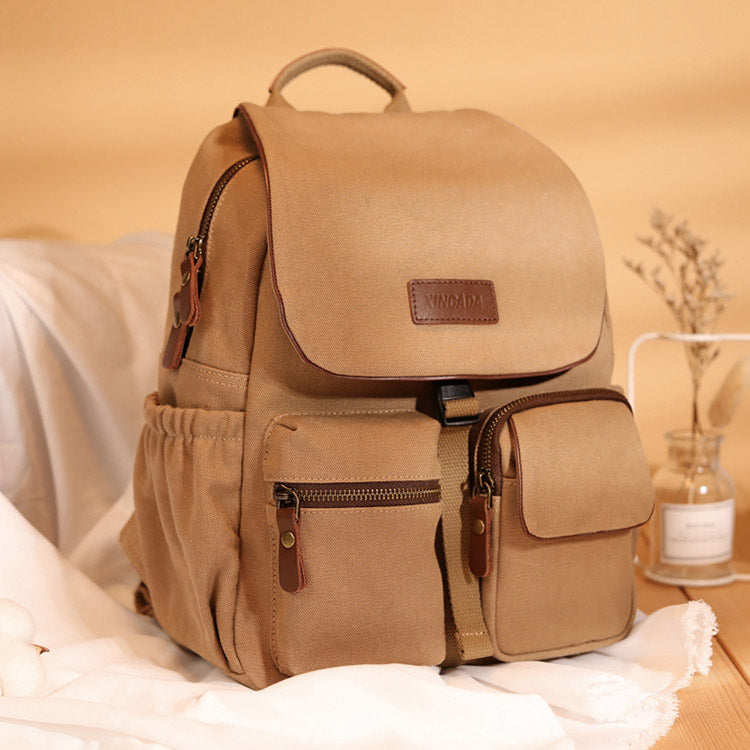 big pu leather backpack for women Vintage Women's Canvas And Leather Backpack Purse Rucksack With Pockets For Women