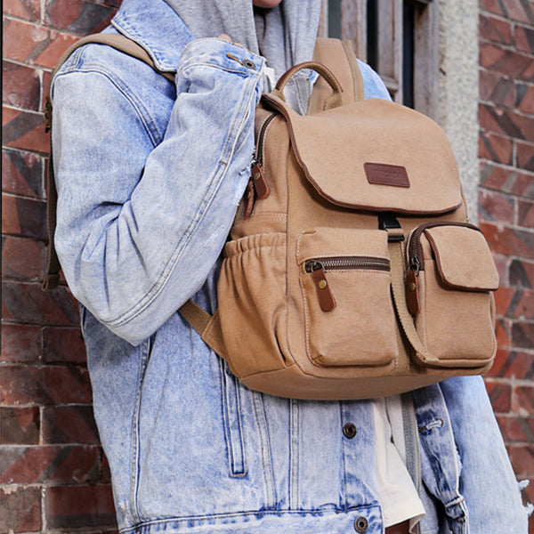 Vintage Women's Canvas And Leather Backpack Purse Rucksack With Pockets For Women Cool