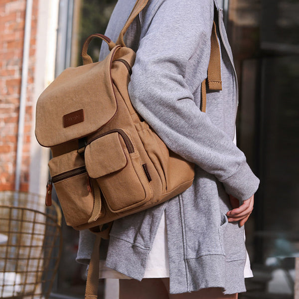 Vintage Women's Canvas And Leather Backpack Purse Rucksack With Pockets For Women Cute