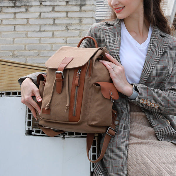 Medium Canvas Rucksack Trendy Zip Backpack Purse Laptop Backpacks for Women Brown