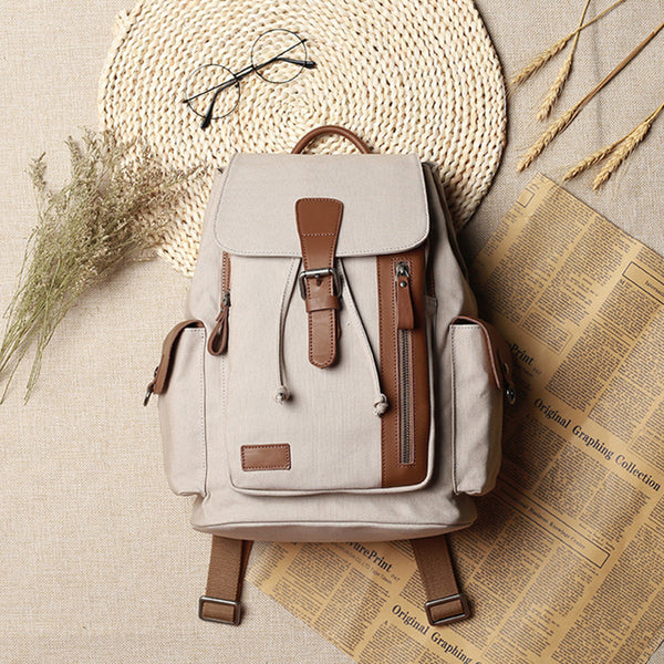 Vintage Women's Canvas Leather Drawstring Backpack Purse Canvas Rucksack for Women Funky