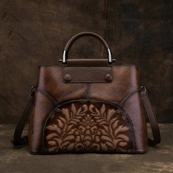 Vintage Women's Embossed Genuine Leather Handbags Cross Shoulder Bag Purse For Women Brown