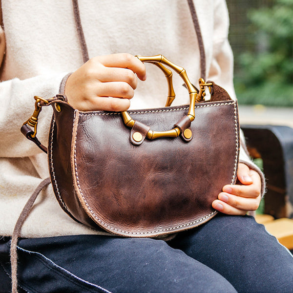 Vintage Women's Genuine Brown Leather Handbags Purse Cross Shoulder Bag for Ladies Chic