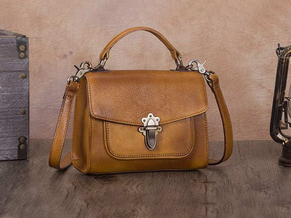Vintage Women's Genuine Leather Crossbody Satchel Bag Handbags Purse for Women Brown