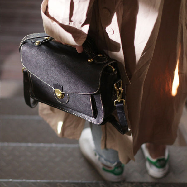 Vintage Women's Genuine Leather Shoulder Bags Handbags Purse for Women Black