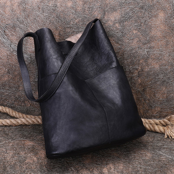 Vintage Women's Genuine Leather Tote Bag Handbags With Pockets for Women Black