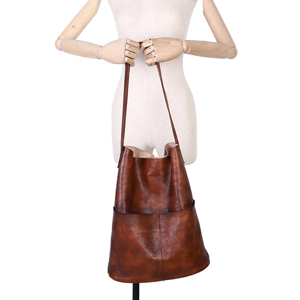 Vintage Women's Genuine Leather Tote Bag Handbags With Pockets for Women Cowhide