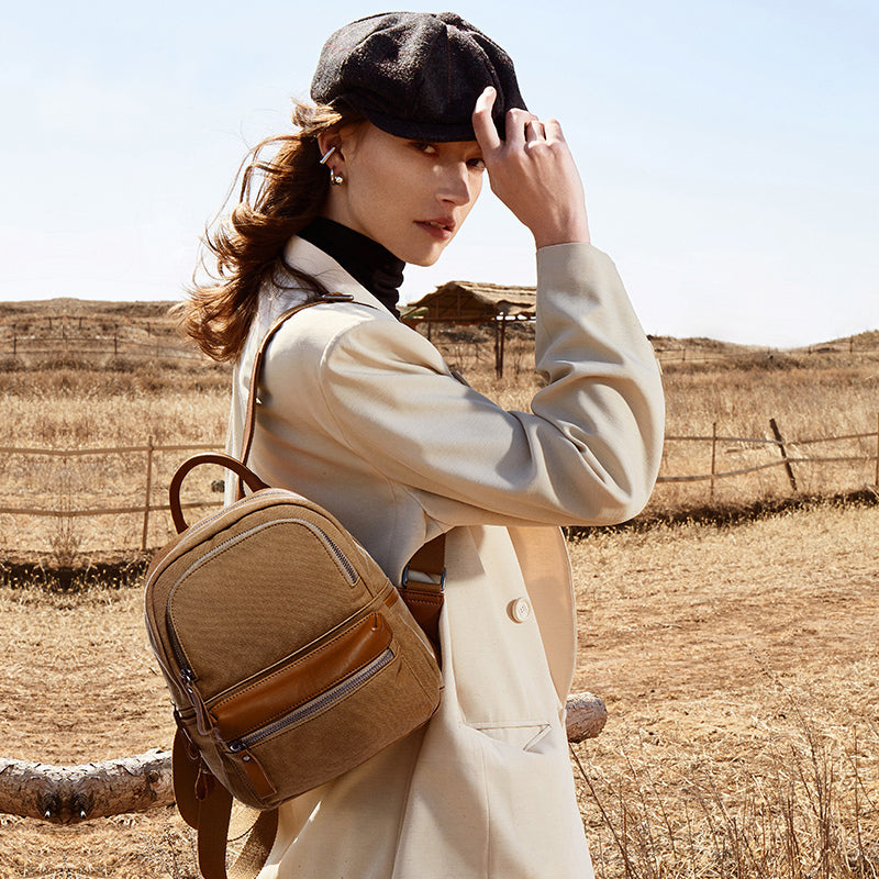 canvas leather backpack small Ladies Small Canvas Leather Hiking Backpack Purse With Pockets Small R – igemstonejewelry