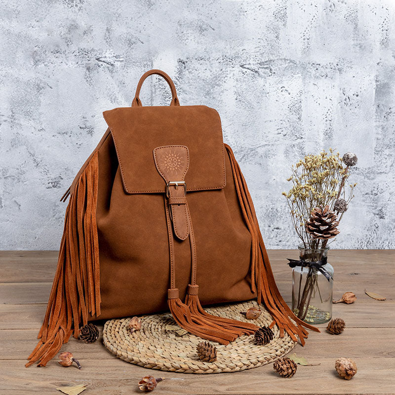 Vintage Womens Boho Faux Leather Backpack Purse with Suede Leather Fringe for Women Accessories
