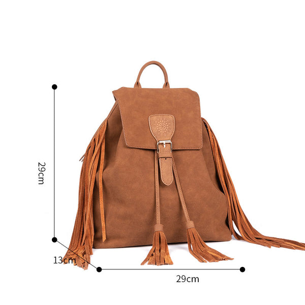 Vintage Womens Boho Faux Leather Backpack Purse with Suede Leather Fringe for Women Brown