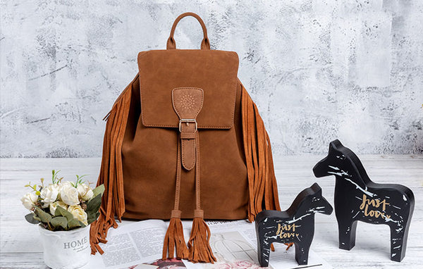 Vintage Womens Boho Faux Leather Backpack Purse with Suede Leather Fringe for Women Chic