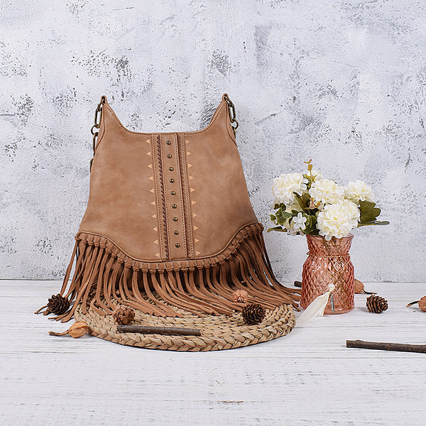 Boho Ladies Western Vegan Leather Purses With Suede Leather Fringe Shoulder Handbags for Women