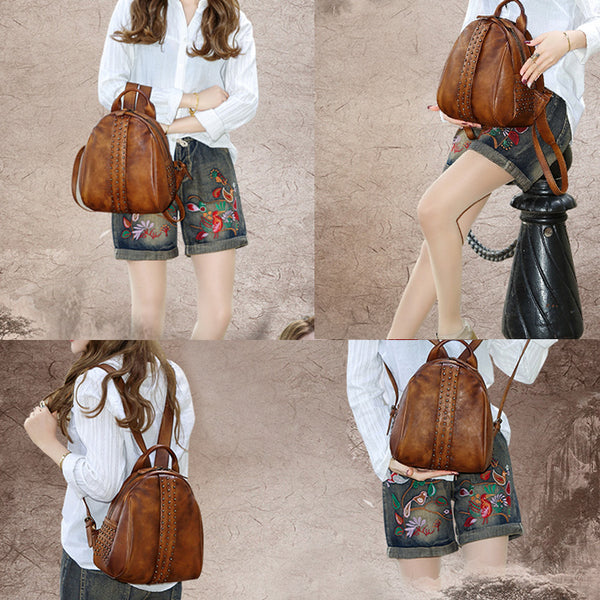 Vintage Womens Brown Leather Backpack Bag Purse Beautiful Backpacks for Women Durable