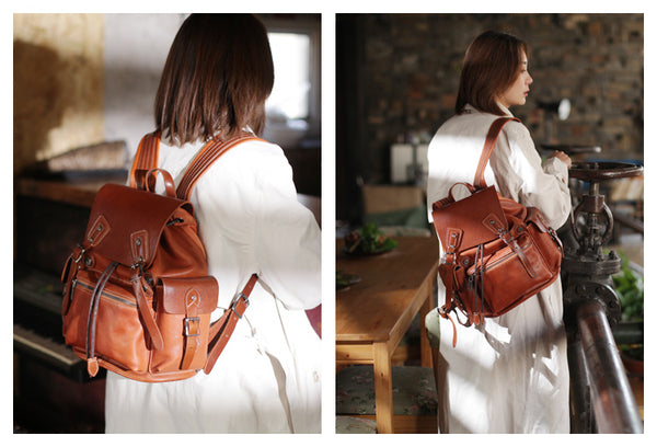 Vintage Womens Brown Leather Backpack Purse Laptop Book Bag for Women Outside