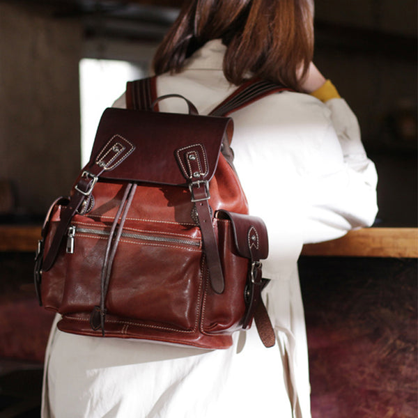 Vintage Womens Brown Leather Backpack Purse Laptop Book Bag for Women cute