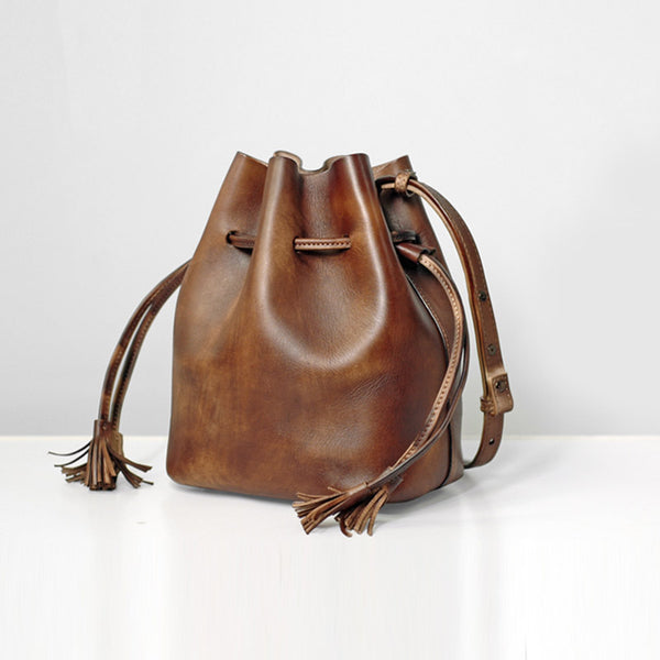 Vintage Womens Brown Leather Bucket Bag Crossbody Bags for Women Accessories
