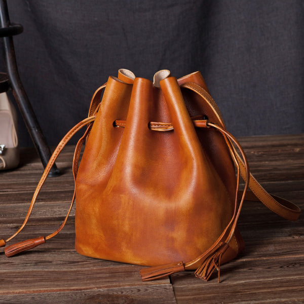 Vintage Womens Brown Leather Bucket Bag Crossbody Bags for Women Boutique