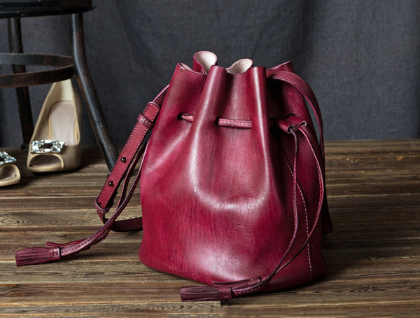 Vintage Womens Brown Leather Bucket Bag Crossbody Bags for Women Handmade