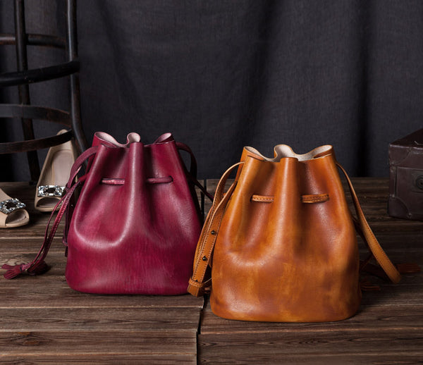 Vintage Womens Brown Leather Bucket Bag Crossbody Bags for Women designer