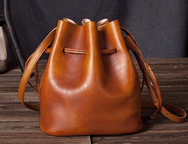 Vintage Womens Brown Leather Bucket Bag Crossbody Bags for Women fashion
