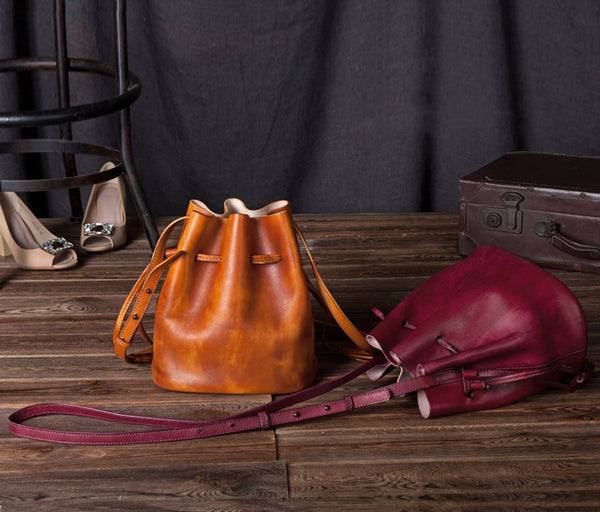 Vintage Womens Brown Leather Bucket Bag Crossbody Bags for Women, Brown