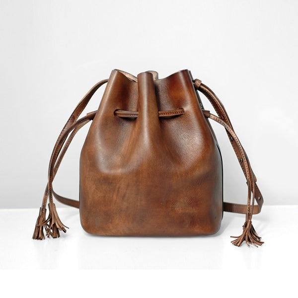 Vintage Womens Brown Leather Bucket Bag Crossbody Bags for Women