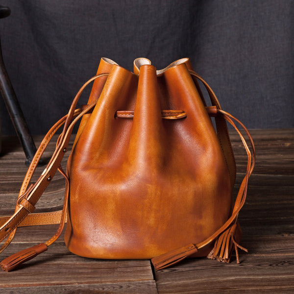 Vintage Womens Brown Leather Bucket Bag Crossbody Bags for Women