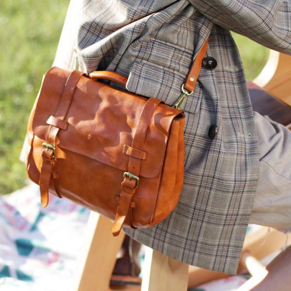 Vintage Womens Brown Leather Crossbody Messenger Satchel Bags Purse for Women