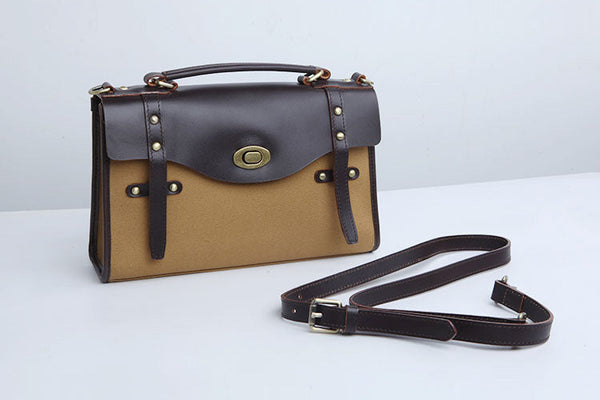 Vintage Womens Canvas Satchel Bag With Leather Flap Cross Body Messenger Bag Gift-idea
