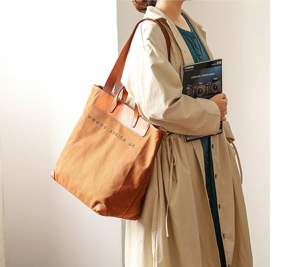 Womens Canvas And Leather Tote Bag Brown Shoulder Bag
