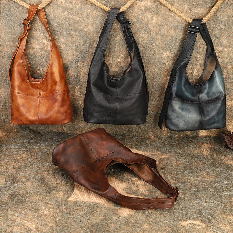 Vintage Style Genuine Leather Women's Tote Handbag - Hobo Shopper Purse, Multiple Pockets, Handmade In India
