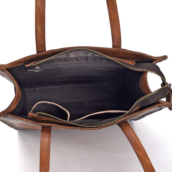 Vintage Womens Genuine Leather Tote Handbags Brush Off Leather Shoulder Purse For Women Inside